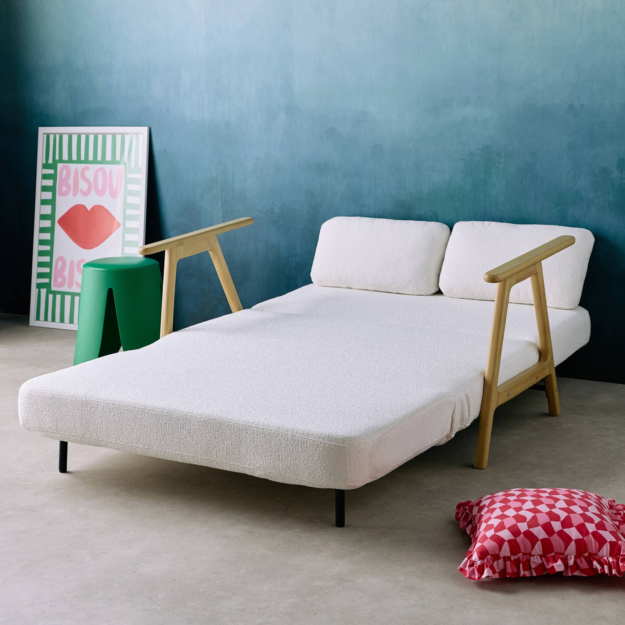 Banquette canapé convertible 2 places bois d'hévéa et bouclette texturée crème L 133 x P 81 x 84cm - Sven