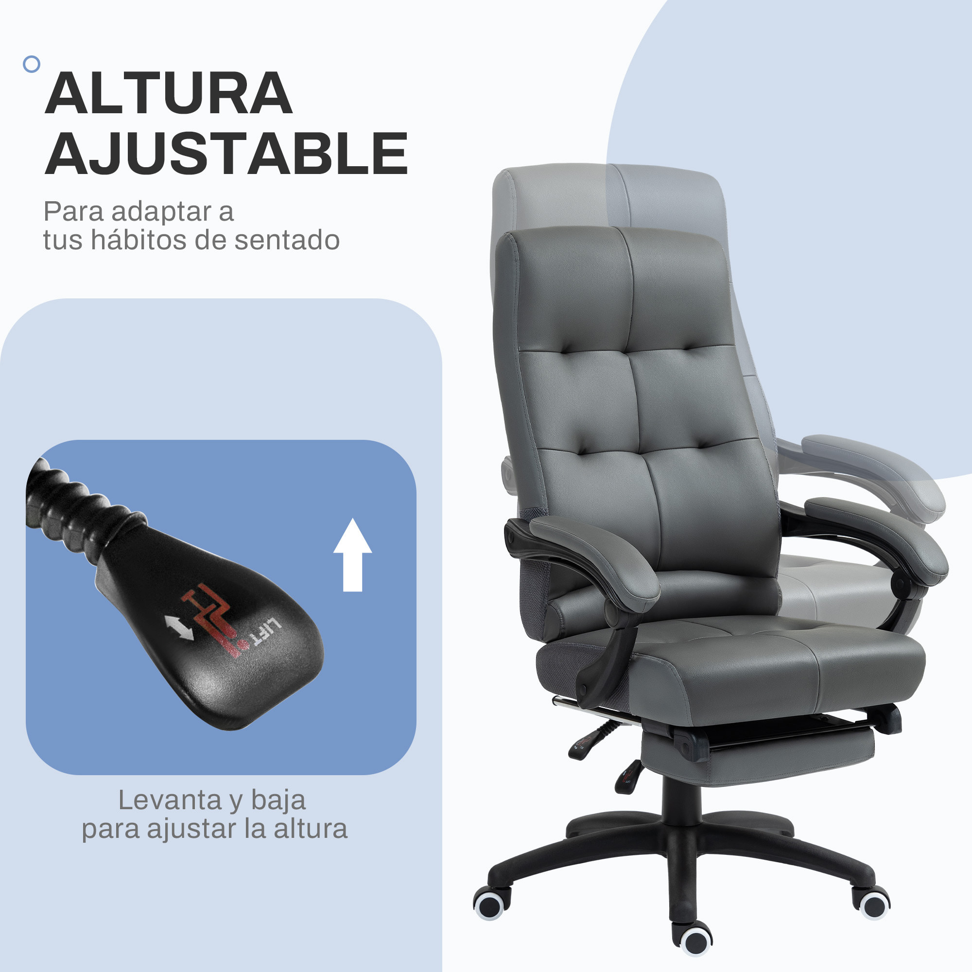 Silla de Oficina Giratoria Silla de Escritorio Reclinable Silla de Estudio Tapizada de PU con Altura Ajustable Reposabrazos Reposapiés 65x65x118-125 cm Gris Oscuro