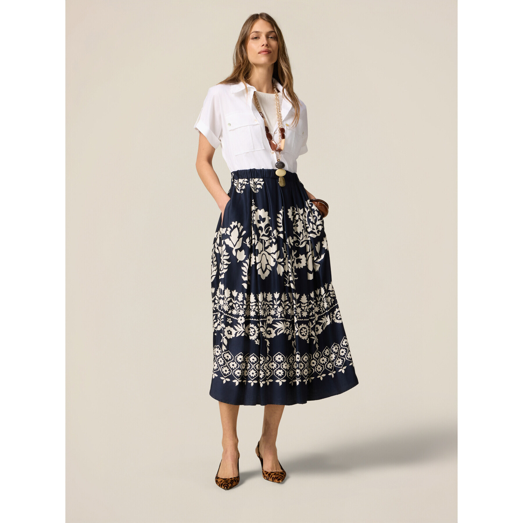 Oltre - Vestido camisero con falda estampada - Azul