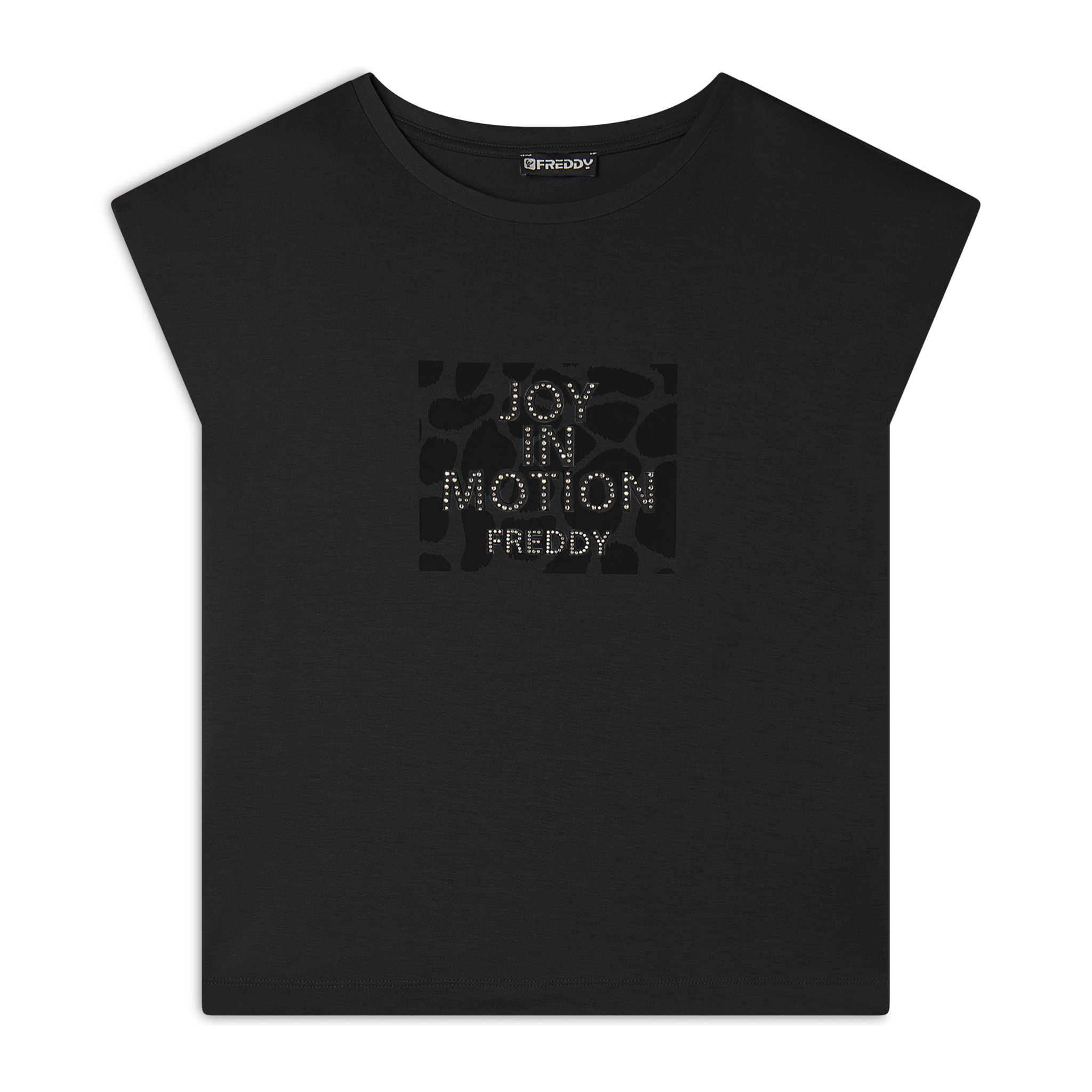 T-shirt cropped senza maniche in jersey viscosa con grafica