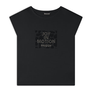 T-shirt cropped senza maniche in jersey viscosa con grafica