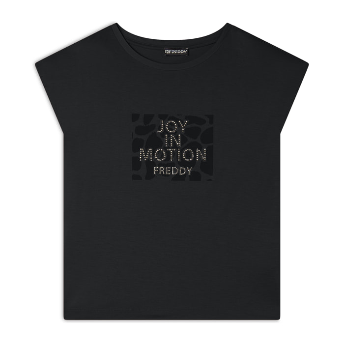 T-shirt cropped senza maniche in jersey viscosa con grafica