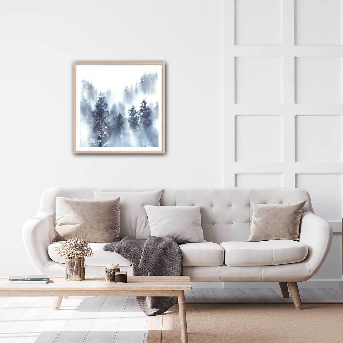 Affiche Neige sur la forêt Affiche + cadre en bois - Chêne