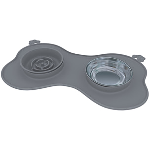 Ciotola Per Cani Gatti 3 In 1 Alimentazione Lenta Acciaio Inox Croccantini Acqua Tappetino in Silicone Antiribaltamento con Ventose 52 x 35 Cm Grigio