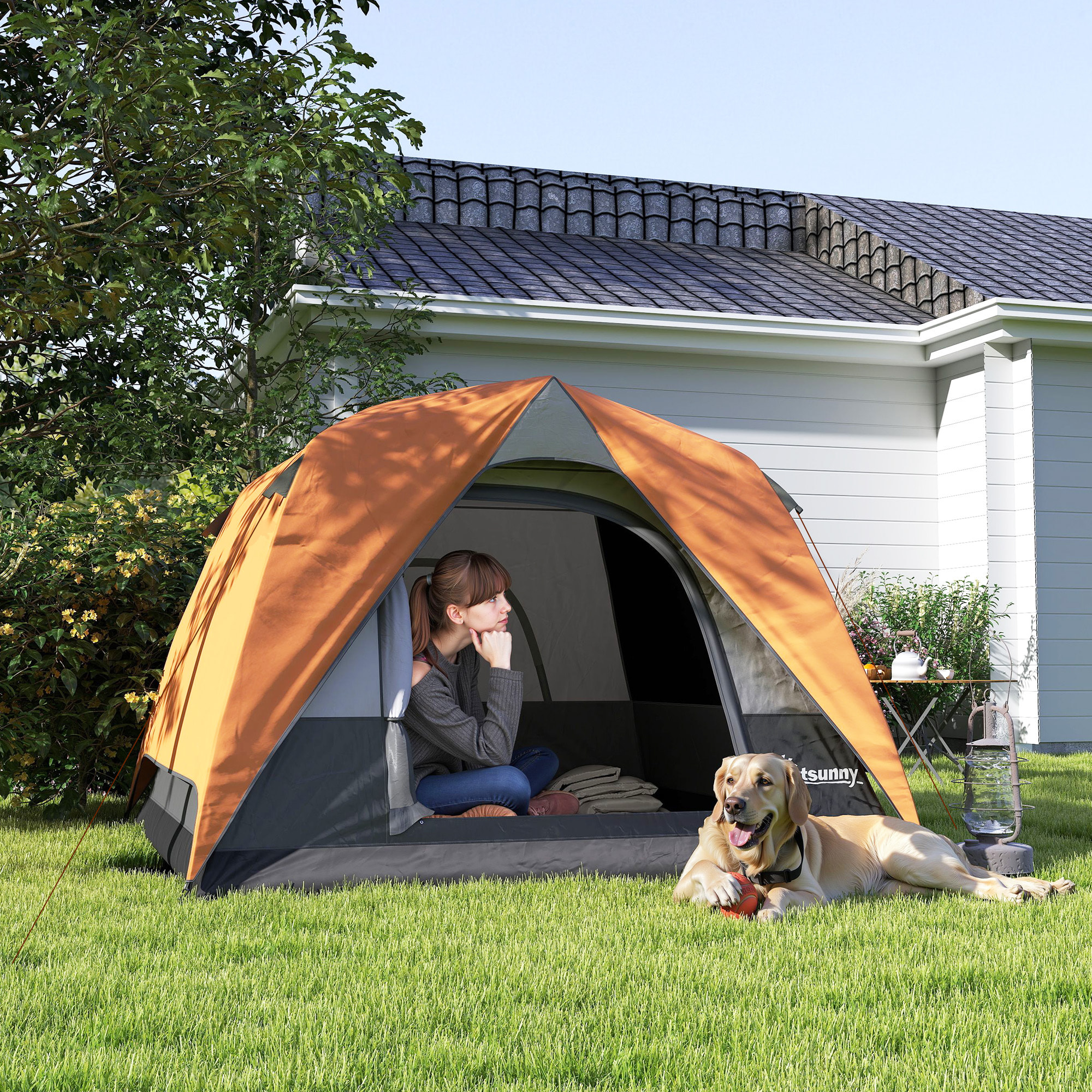 Tienda de Campaña para 2-4 Personas Tienda de Camping Plegable con Puerta Ventanas de Malla Bolsillo Gancho y Bolsa de Transporte Impermeable Fácil Instalación para Senderismo Naranja y Gris