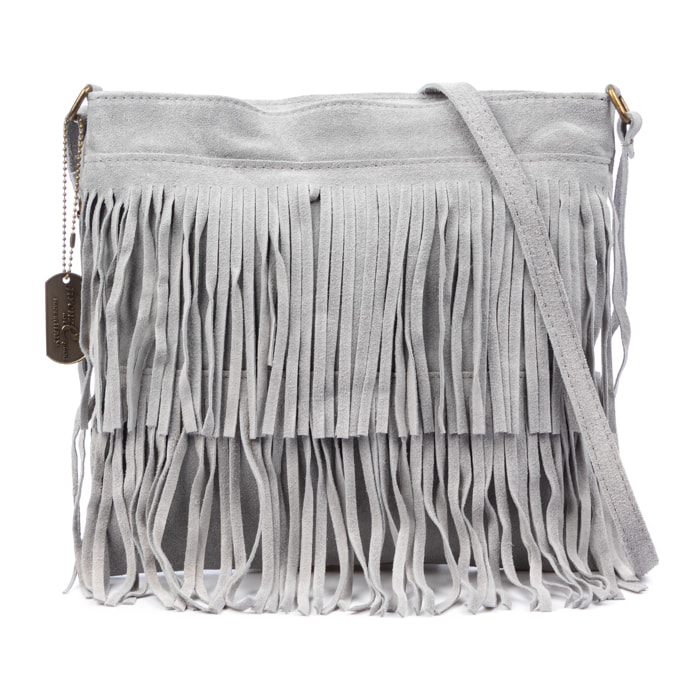 Borsa a tracolla Avise con frange donna. Vera pelle scamosciata.