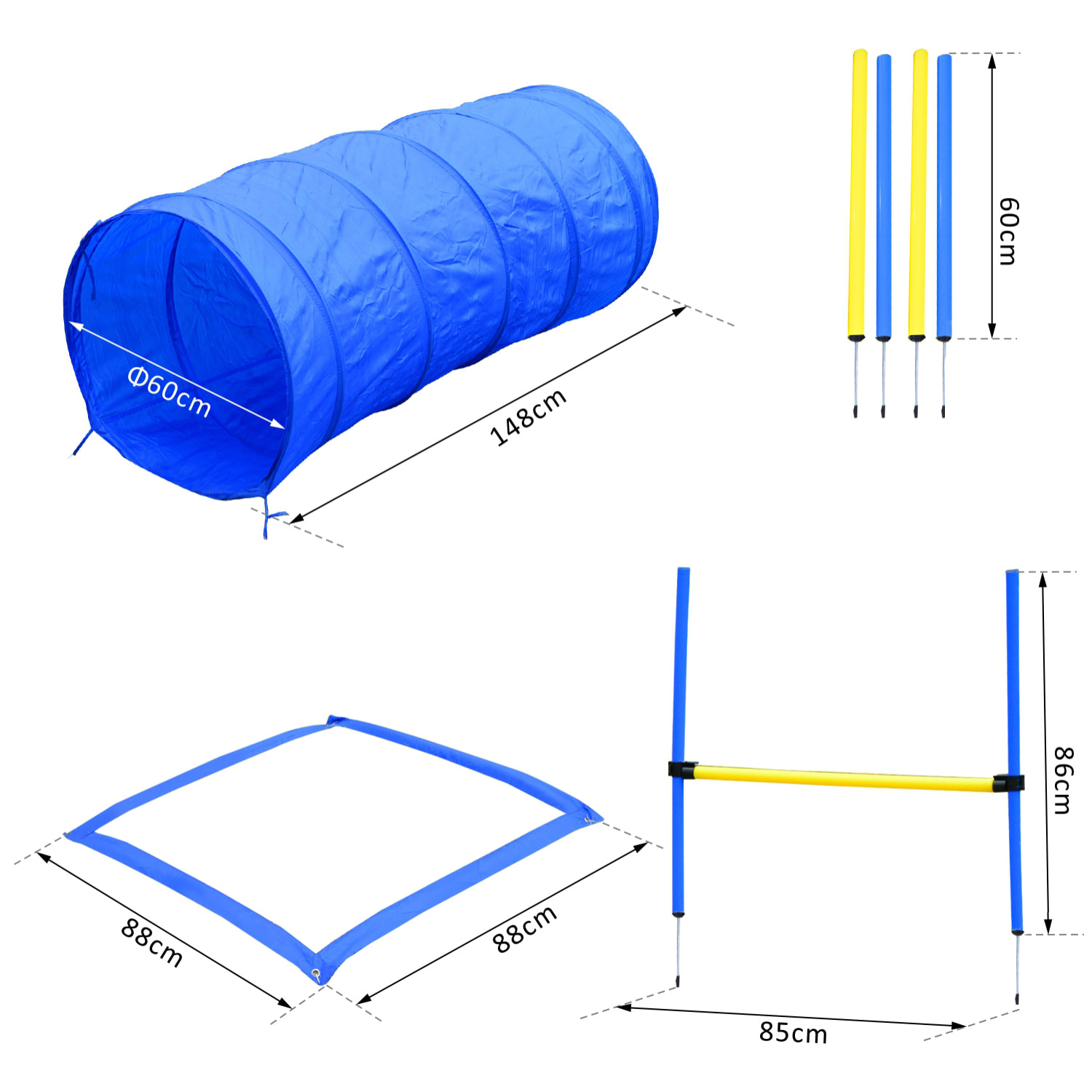 Agility sport pour chiens équipement complet obstacles, tunnel, slalom, zone repos + 2 sacs de transport bleu jaune