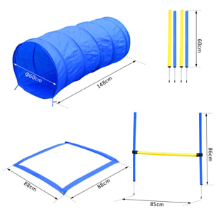 Agility sport pour chiens équipement complet obstacles, tunnel, slalom, zone repos + 2 sacs de transport bleu jaune