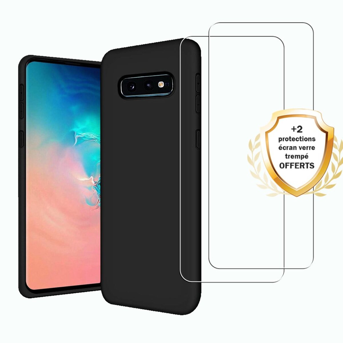 Coque Samsung Galaxy S10e Silicone Liquide Noire + 2 Vitres en Verre Trempé Protection écran