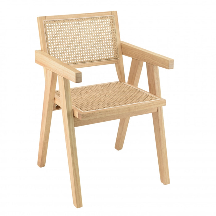 ALBANE - Fauteuil en bois d'Hévéa clair dossier et assise rotin naturel