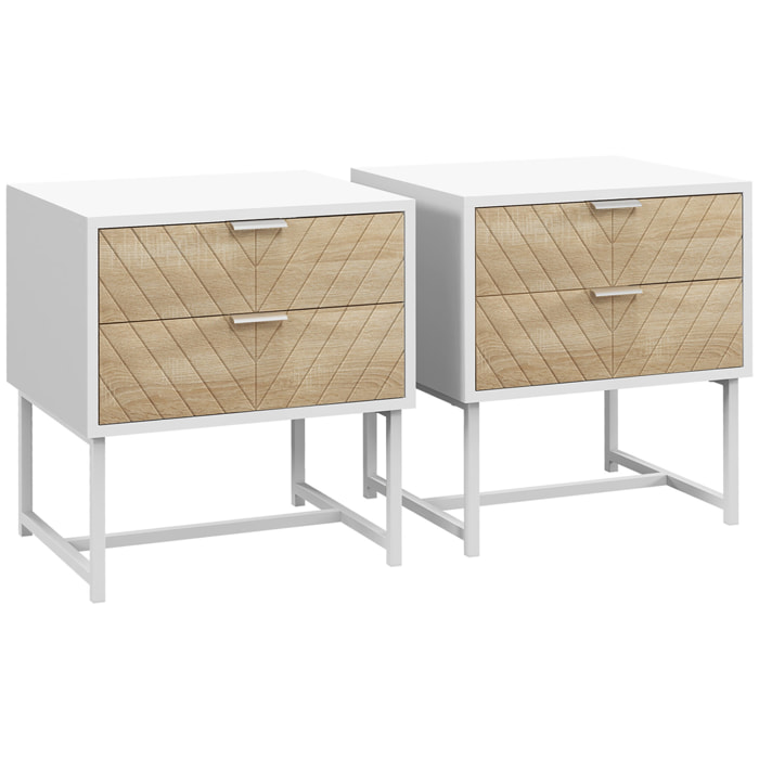 Conjunto de 2 Mesillas de Noche Mesitas de Noche de 2 Cajones y Patas de Acero Estilo Moderno Mesitas Auxiliares para Salón Dormitorio 45x39x48 cm Blanco y Roble