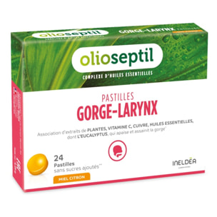 OLIOSEPTIL - Pastilles à Sucer Gorge-Larynx - Apaise et Assainit la Gorge - Sans Sucres Ajoutés - Extraits de Plantes, Vitamine C, Cuivre et Huiles Essentielles - 24 Pastilles