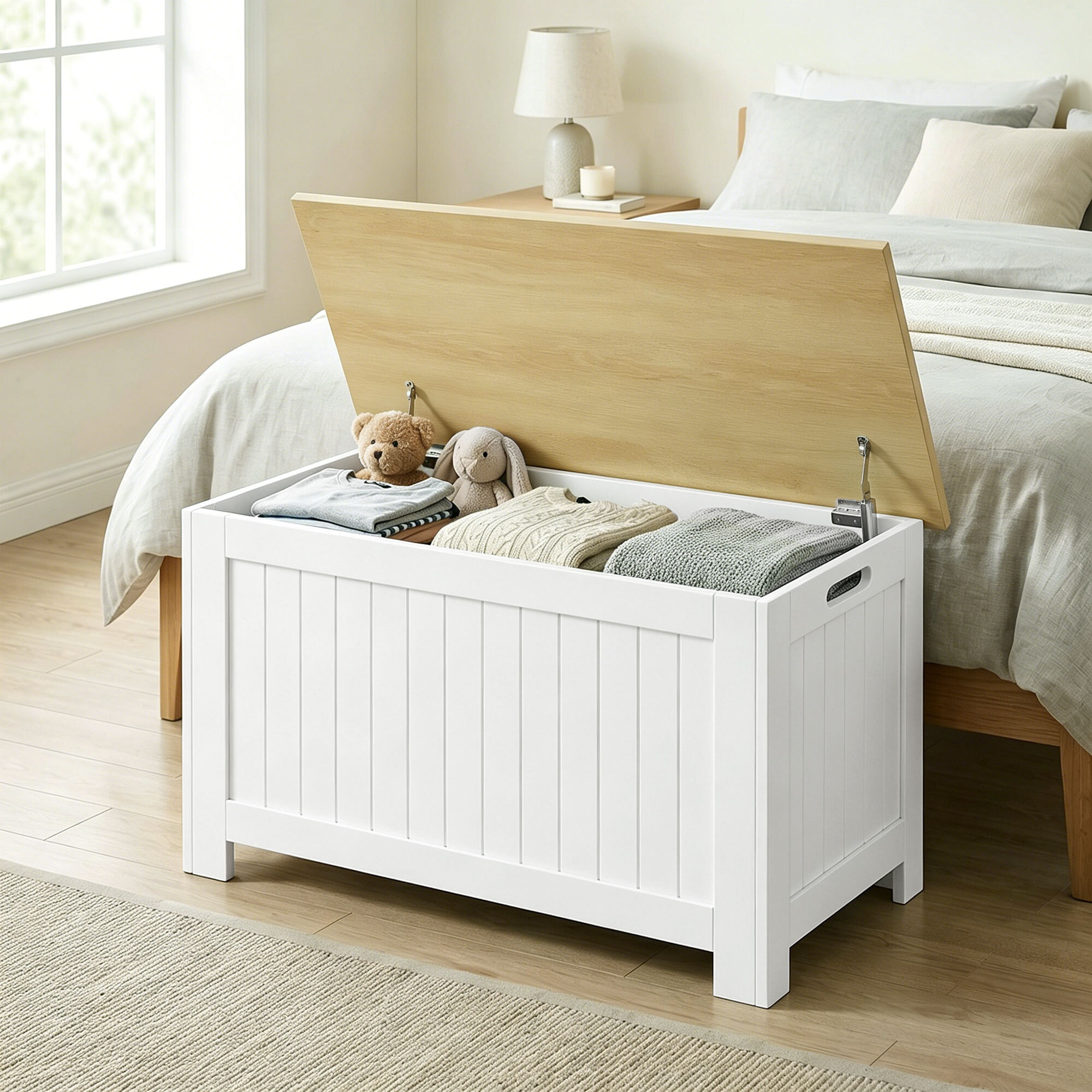 Baúl de Almacenaje para Dormitorio 90 L Banco de Almacenaje con Tapa Baúl de Almacenaje Versátil con Bisagra de Seguridad para Pasillo Salón 80,5x40x46,4 cm Natural y Blanco