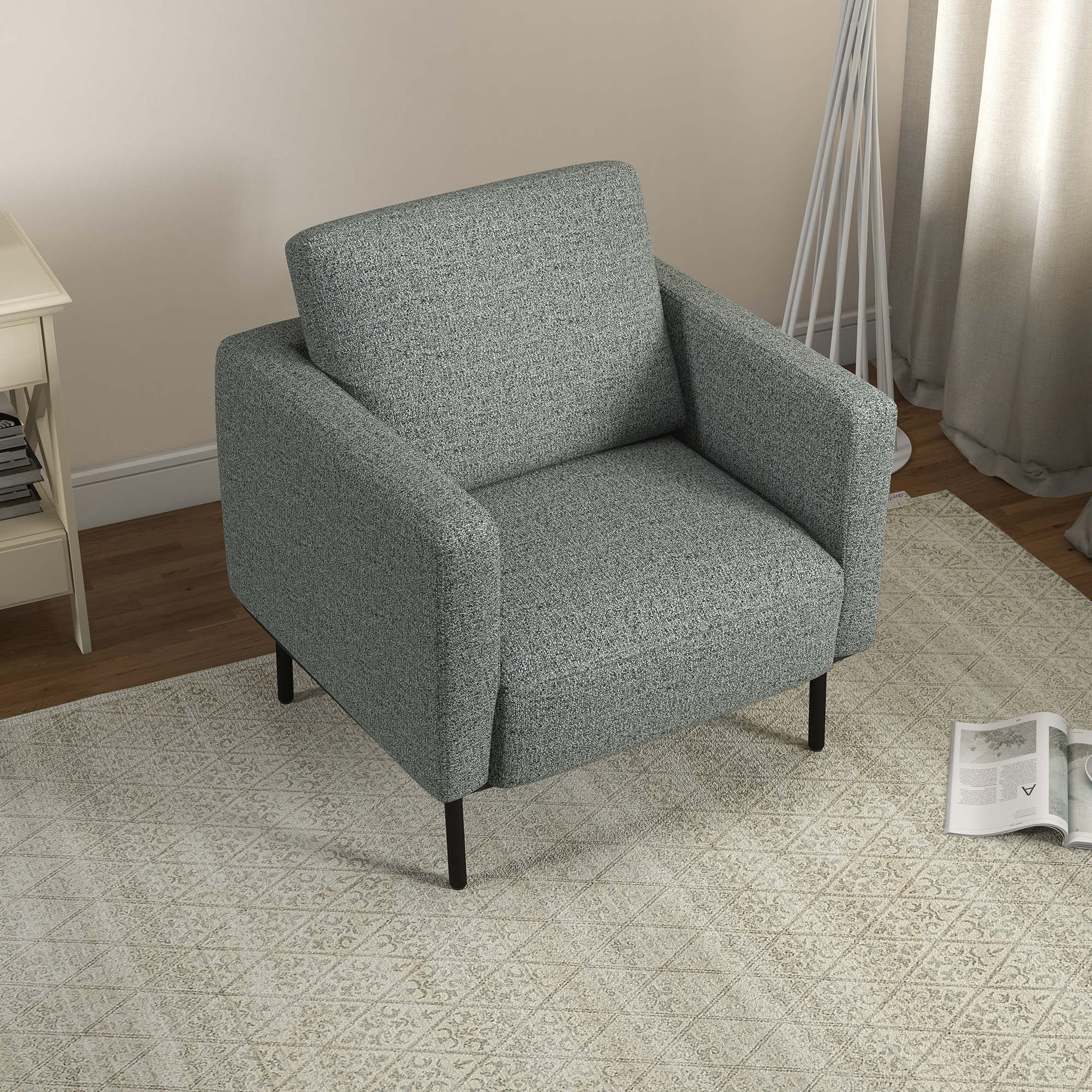 Fauteuil style contemporain grand confort piètement métal noir tissu toucher lin gris chiné