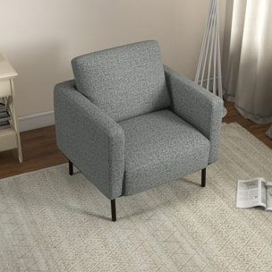 Fauteuil style contemporain grand confort piètement métal noir tissu toucher lin gris chiné