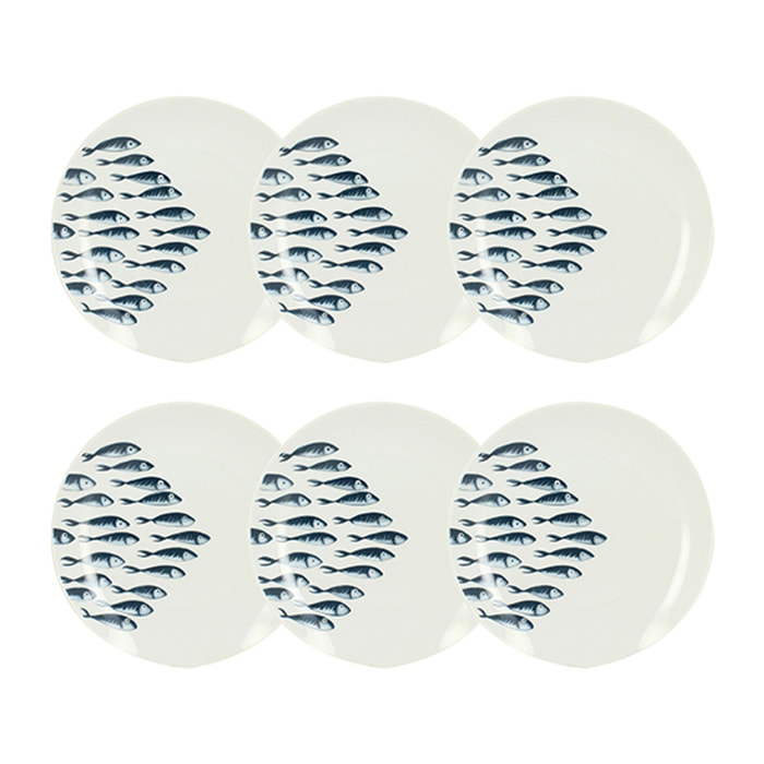 Lot de 6 assiettes à dessert motif marin en porcelaine 20cm PESCARE