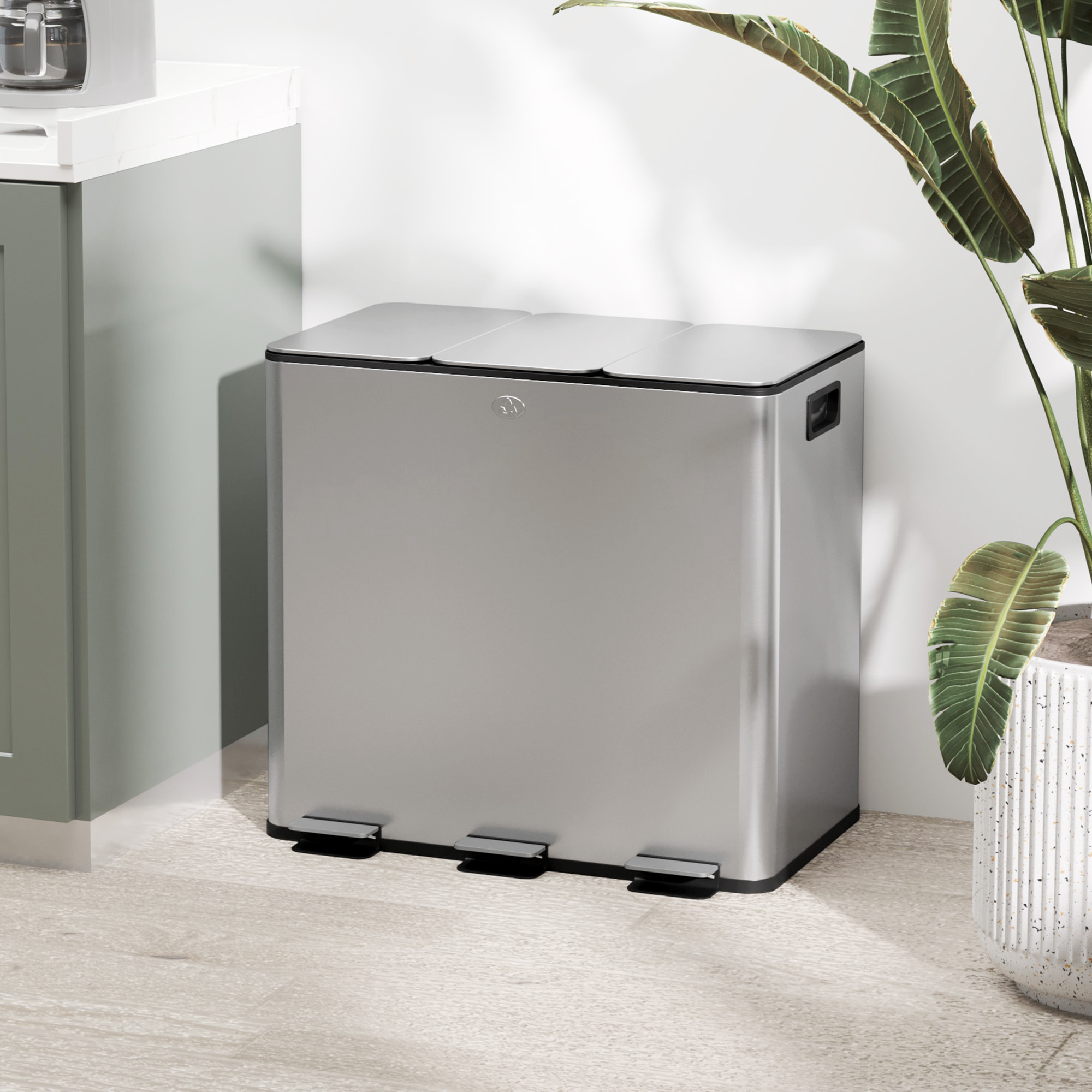 Cubo de Basura de Cocina con 3 Compartimentos 3x15L Papelera de Cocina de Acero Inoxidable con Pedales Tapas de Cierre Suave y Cubo Extraíble para Reciclaje Residuos Restos de Comida Plata