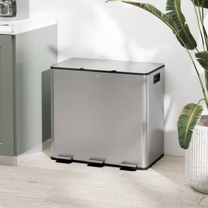 Cubo de Basura de Cocina con 3 Compartimentos 3x15L Papelera de Cocina de Acero Inoxidable con Pedales Tapas de Cierre Suave y Cubo Extraíble para Reciclaje Residuos Restos de Comida Plata