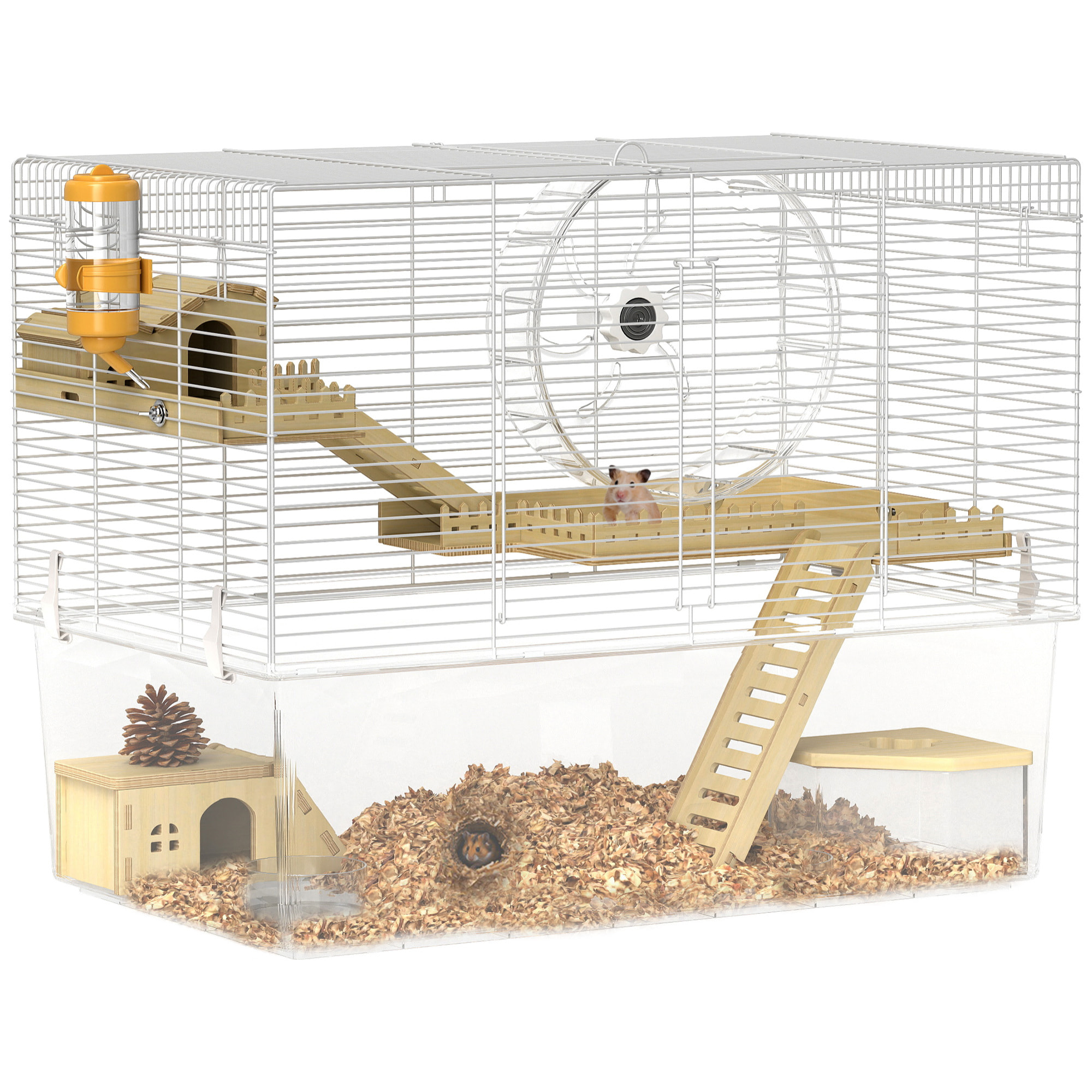 Cage à hamster à 3 niveaux avec roue d'exercice, plateau, 59 x 35,5 x 47 cm, blanc
