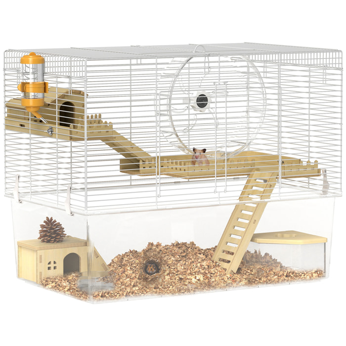 Cage à hamster à 3 niveaux avec roue d'exercice, plateau, 59 x 35,5 x 47 cm, blanc