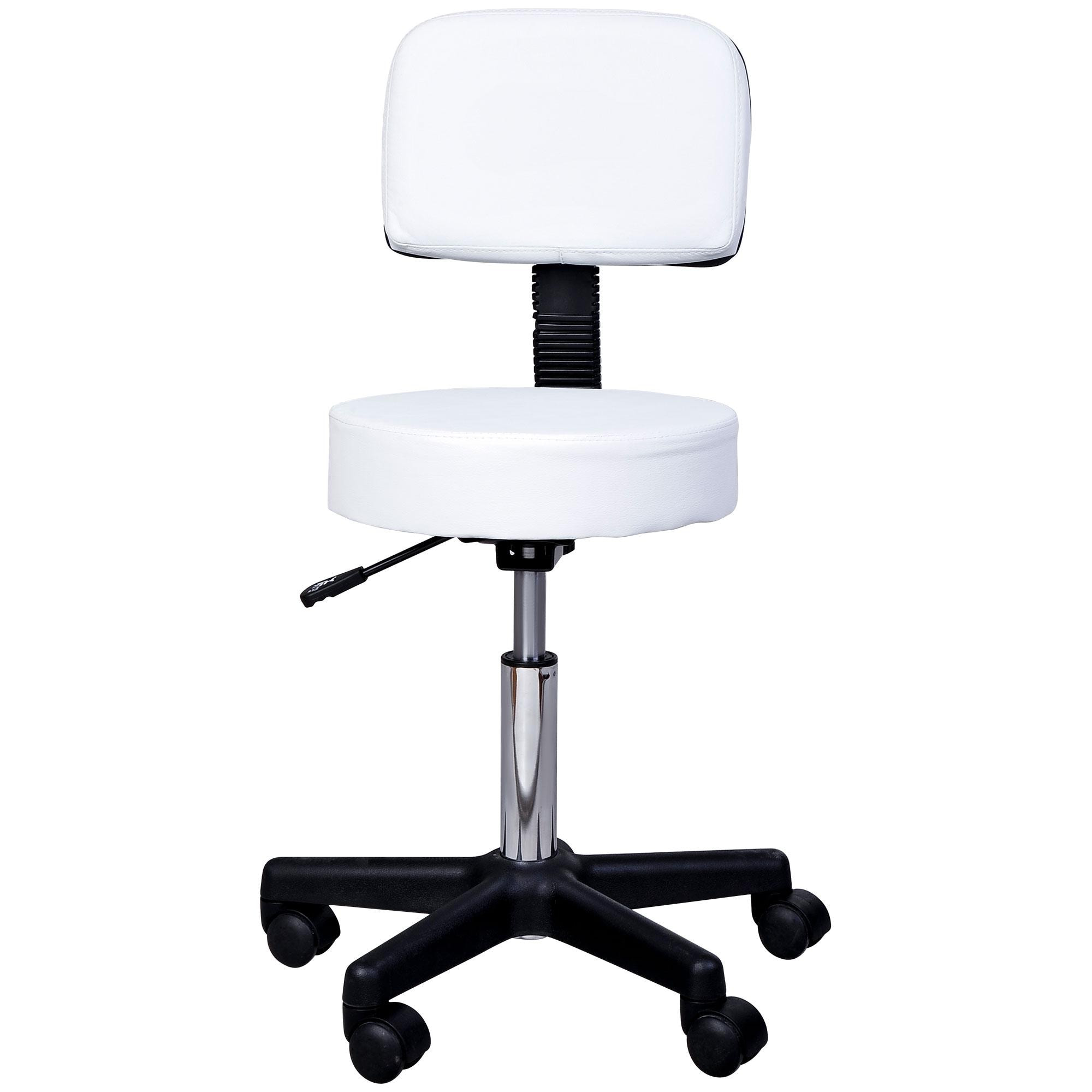 Tabouret massage à roulettes réglable en hauteur pivotant avec dossier ergonomique blanc