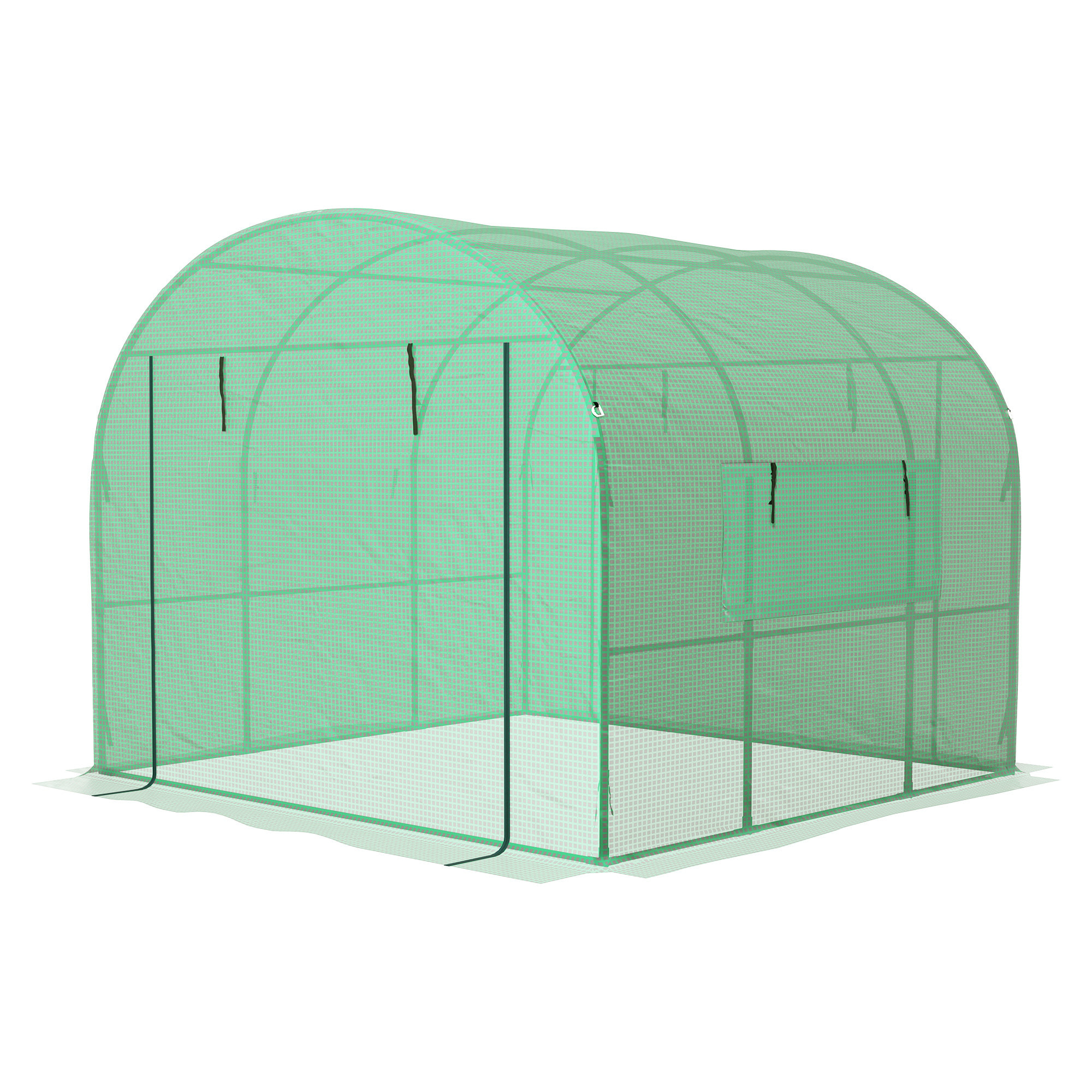 Serre tunnel 6 m² 2 portes zippées 2 fenêtres maillées acier PE haute densité 135 g/m² vert