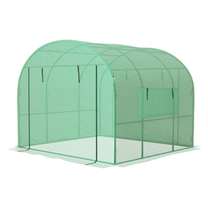 Serre tunnel 6 m² 2 portes zippées 2 fenêtres maillées acier PE haute densité 135 g/m² vert