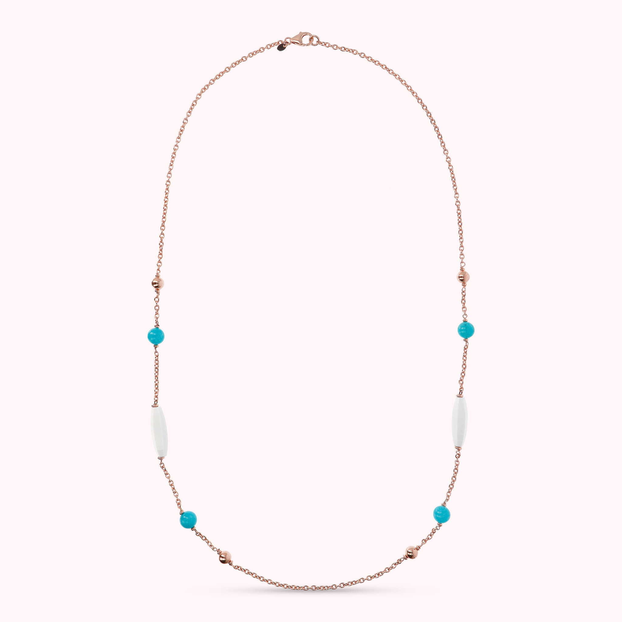 Collana Lunga con Bead Lucide, Quarzite Turchese e Agata Bianca
