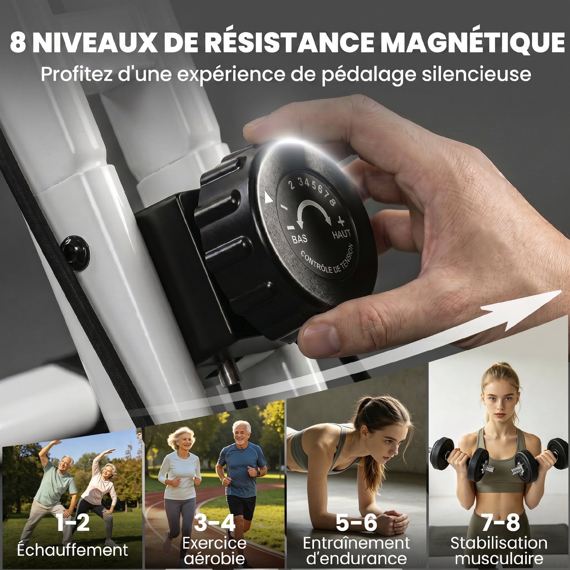 Vélo d'appartement pliable 3-en-1 classique semi-allongé bandes de résistance bleu