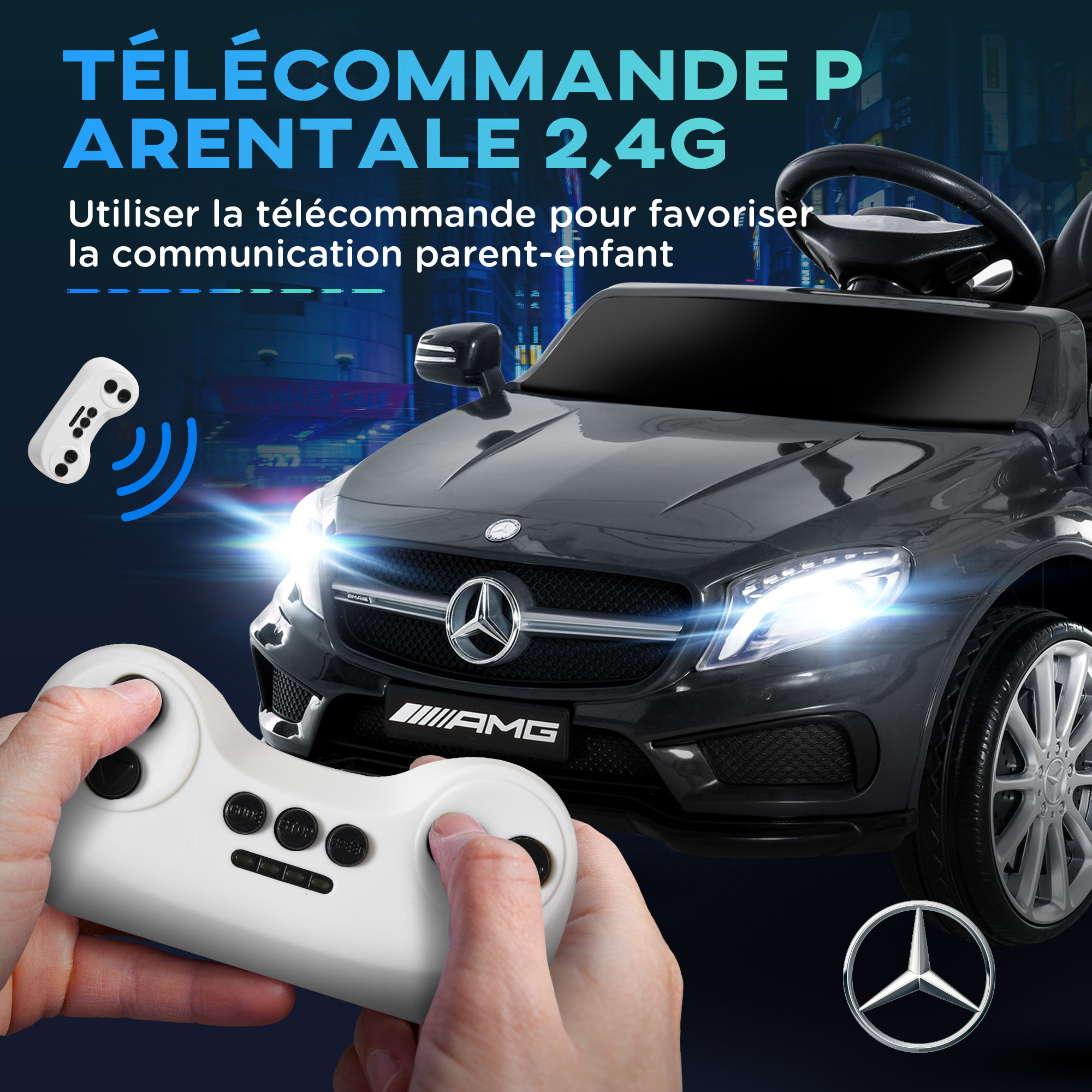 Voiture véhicule électrique enfant 6 V 7 Km/h max. télécommande effets sonores + lumineux Mercedes GLA AMG noir