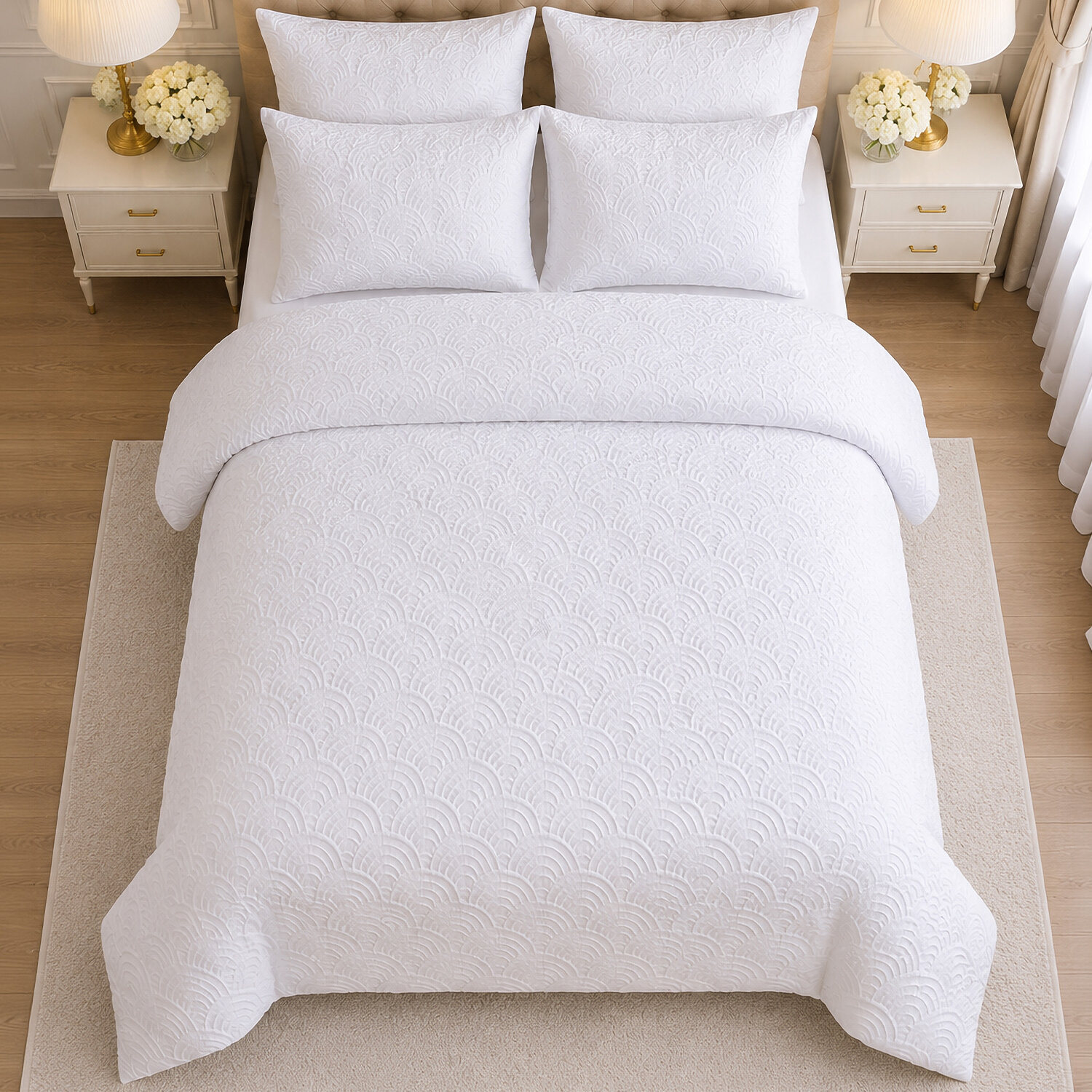 Parure housse de couette 100% microfibre jacquard effet éventails blanc - TILA