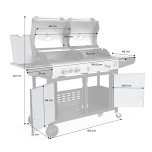 Barbecue 2 en 1 gaz et charbon, 3 brûleurs + 1 feu latéral, grill et fumoir avec tablettes et housse MARSAC AVEC HOUSSE