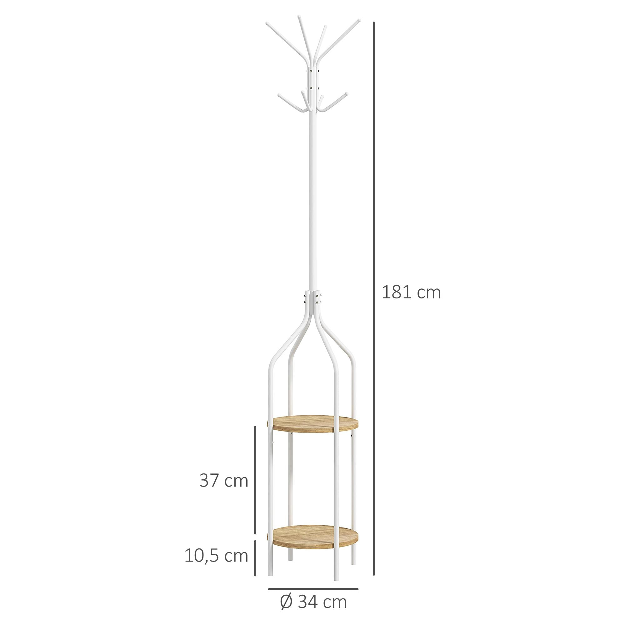 Perchero de Pie con 2 Estantes Perchero Metálico de Pie con 8 Ganchos para Colgar Bolsas Ropa Forma de Árbol para Pasillo Entrada Dormitorio Ø34x181 cm Blanco