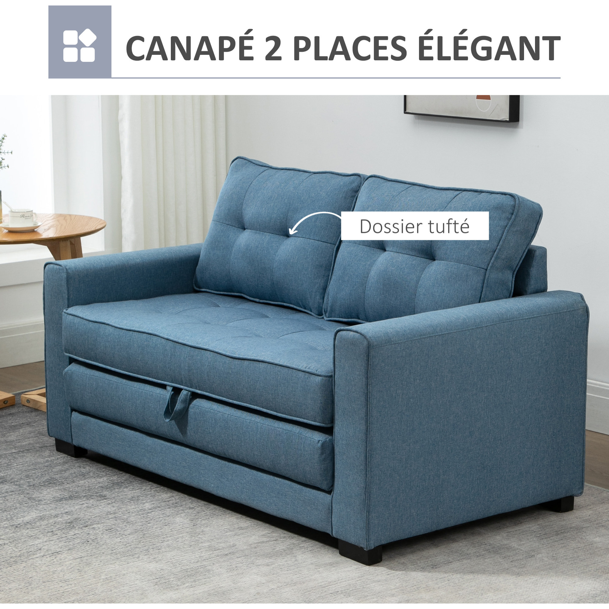 Canapé convertible 2 places design contemporain assise dossier capitonnés polyester aspect lin bleu