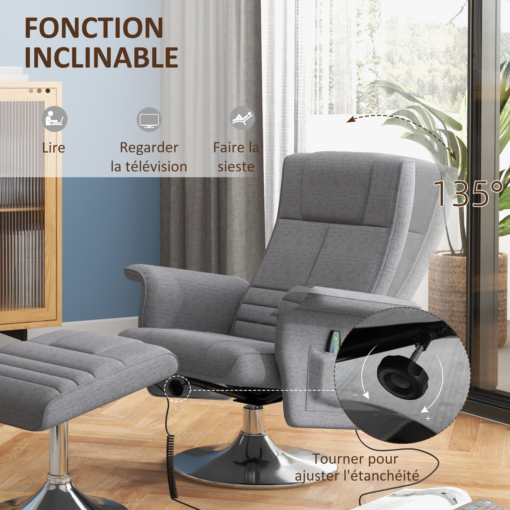 Fauteuil relax massant inclinable réglable avec repose-pied piètement acier chromé tissu gris