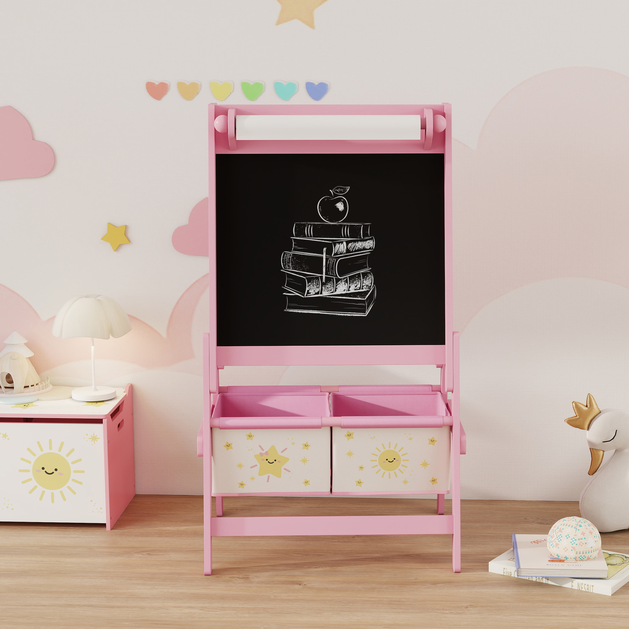 Tableau chevalet enfant - tableau blanc, tableau à craie, rouleau papier 3 en 1 - paniers rangement intégrés - MDF pin rose