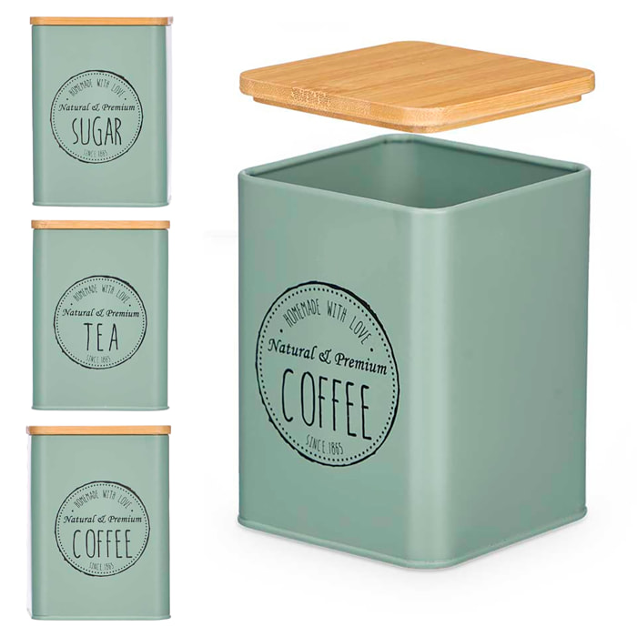 Pack 3 tarros con tapa de bambu color verde menta surtido de 3 diseños "Coffee, Sugar y Tea".
