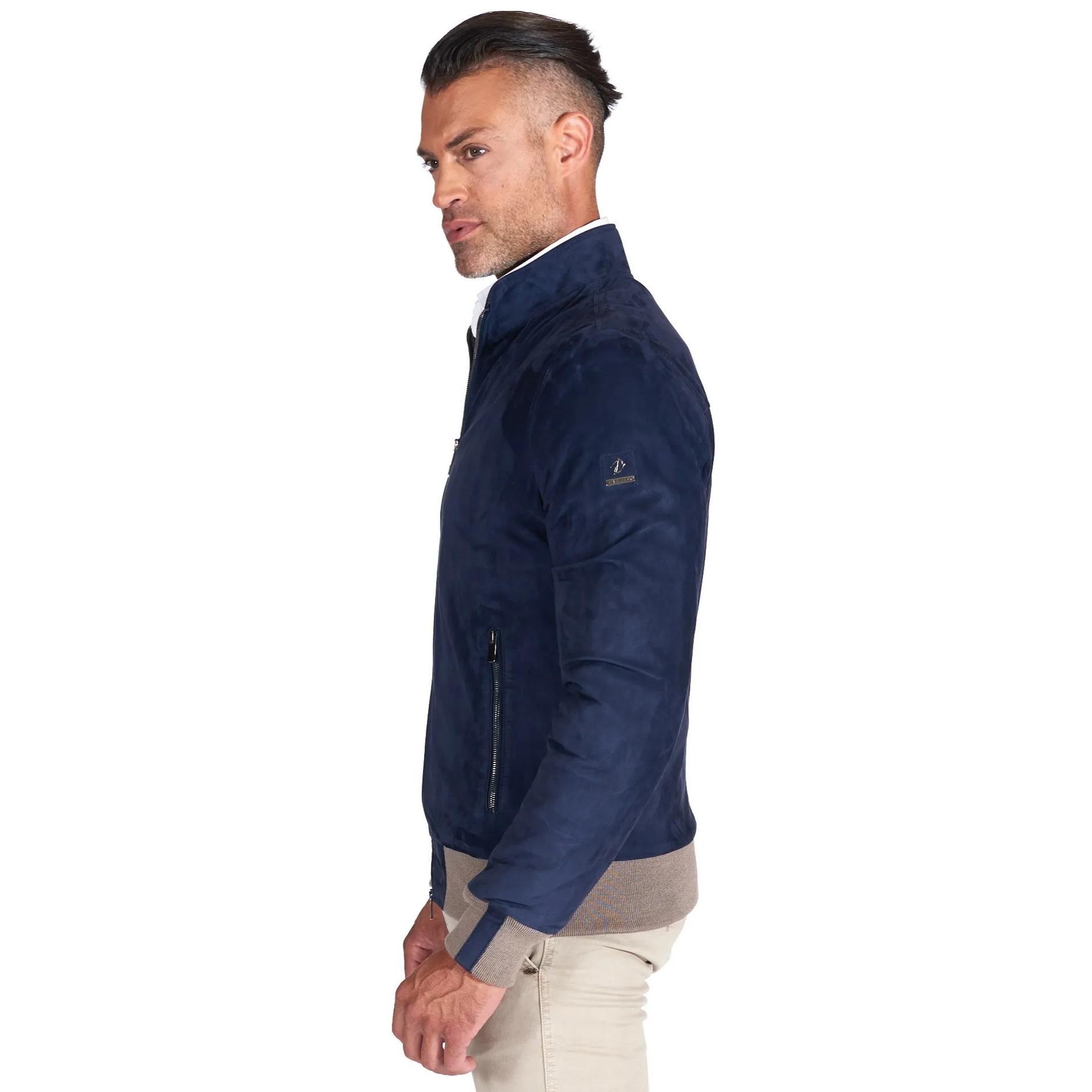 Giubbotto bomber in pelle scamosciata blu collo coreana