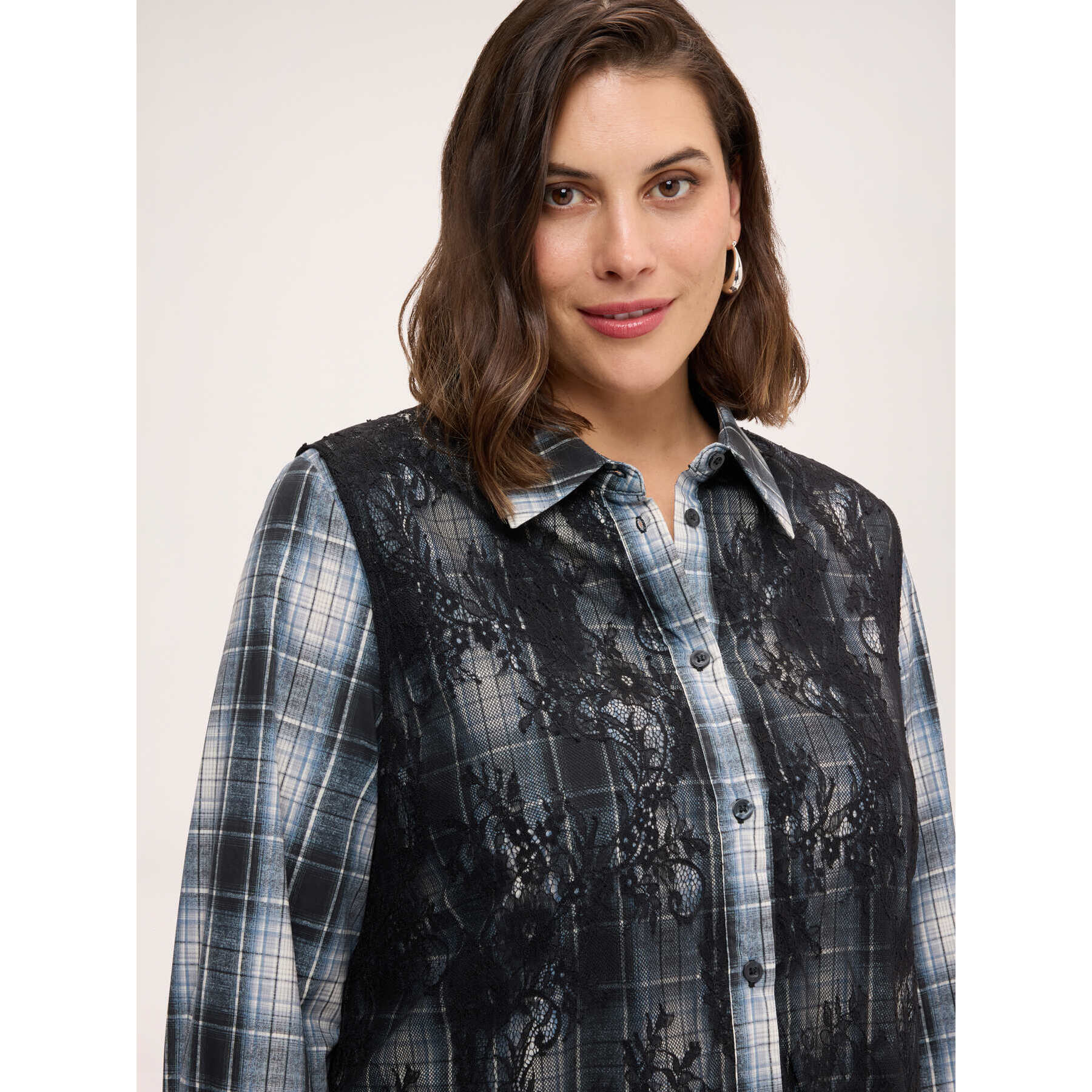 Fiorella Rubino - Camicia check con inserti in pizzo floreale - Nero