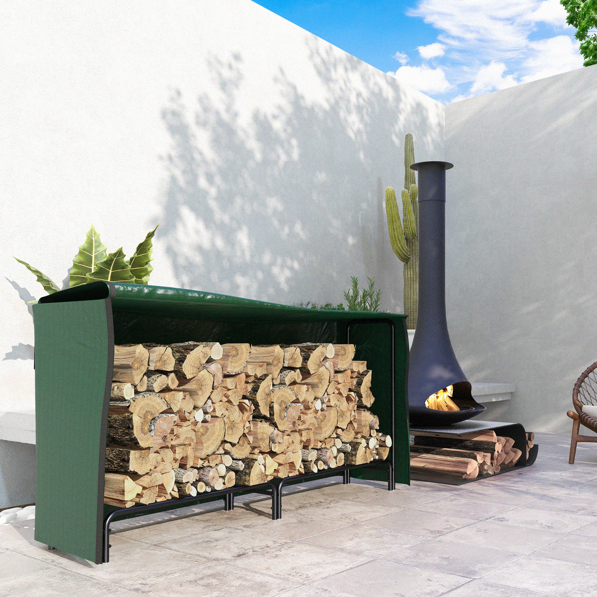 Soporte para Leña con Cubierta Estante de Leña Leñero de Metal Ajustable con Estante para Interior y Exterior Carga 200kg 200x36x99 cm Verde Oscuro y Negro