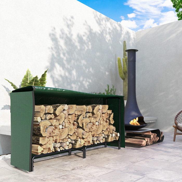Soporte para Leña con Cubierta Estante de Leña Leñero de Metal Ajustable con Estante para Interior y Exterior Carga 200kg 200x36x99 cm Verde Oscuro y Negro