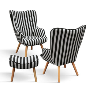Poltrona HAVANA in tessuto a righe bianco e nero e gambe in legno, con poggiapiedi