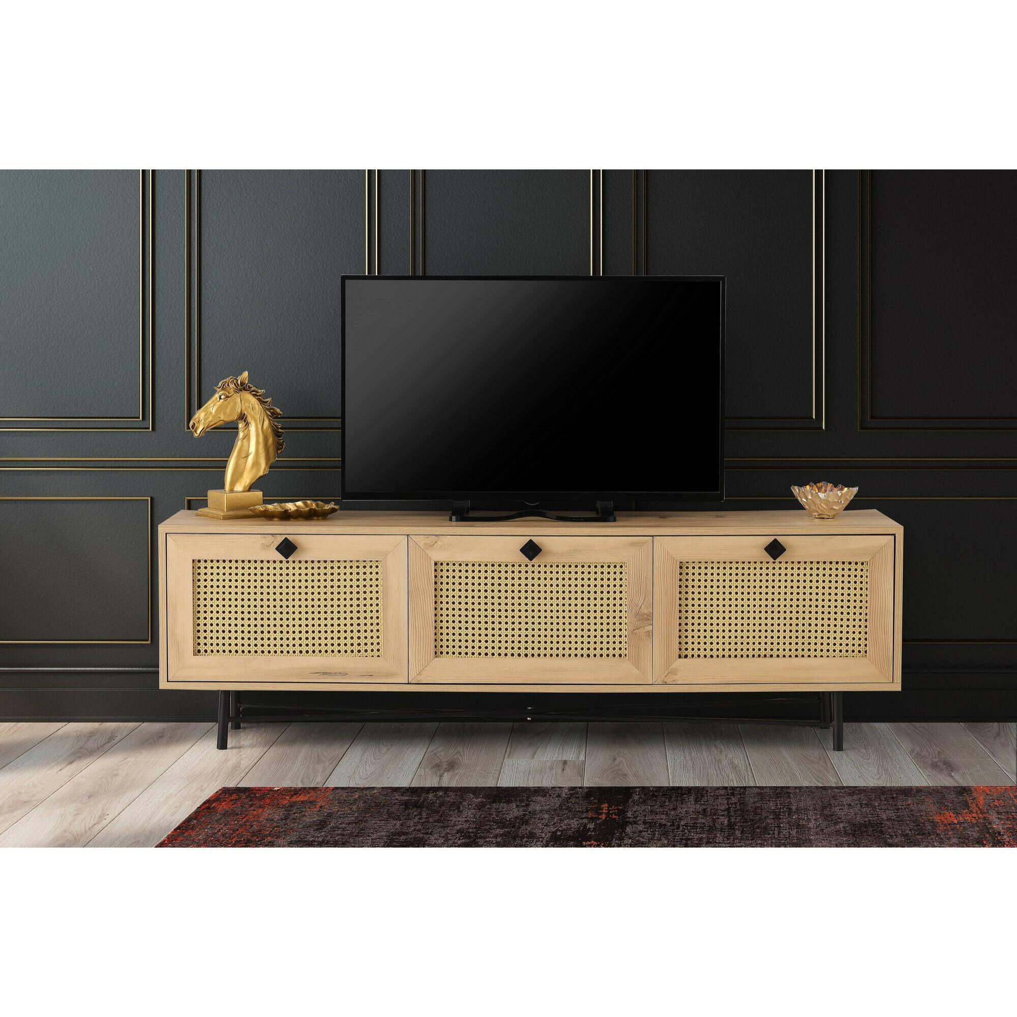 Mobile porta TV Dpasinat, Credenza da soggiorno, Armadio basso per TV, Base parete attrezzata, 180x40h60 cm, Quercia e Nero