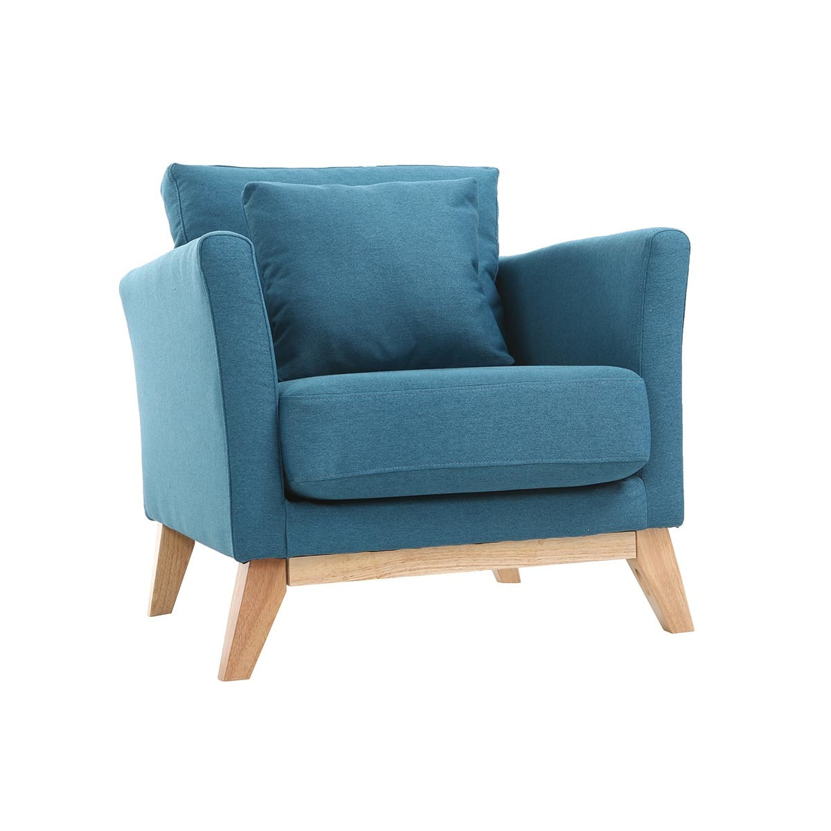 Fauteuil scandinave déhoussable en tissu bleu canard et bois clair OSLO