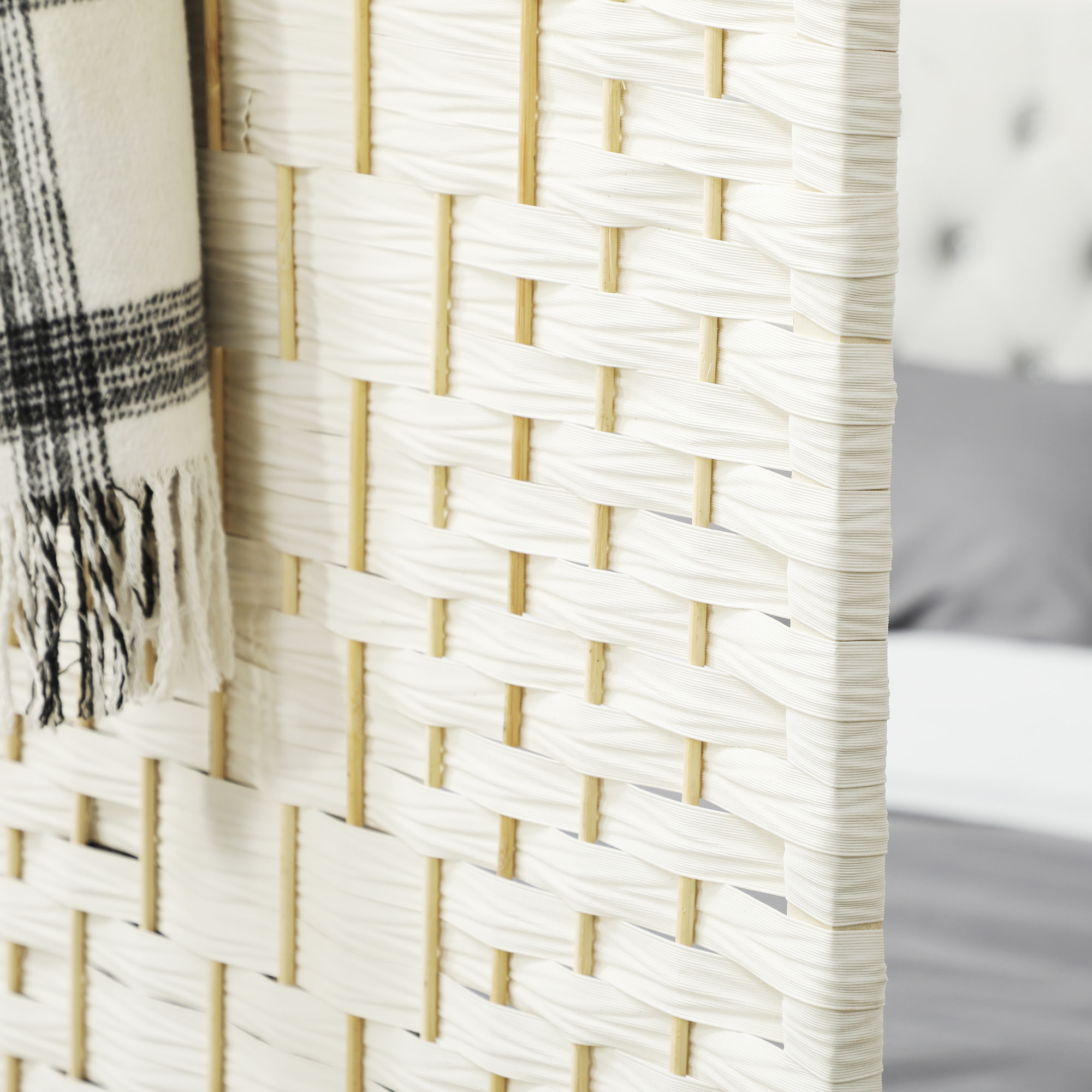 Paravent intérieur 3 panneaux pliables en bois séparateur de pièce style bohème tissé blanc