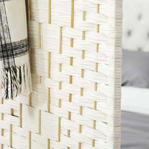 Paravent intérieur 3 panneaux pliables en bois séparateur de pièce style bohème tissé blanc