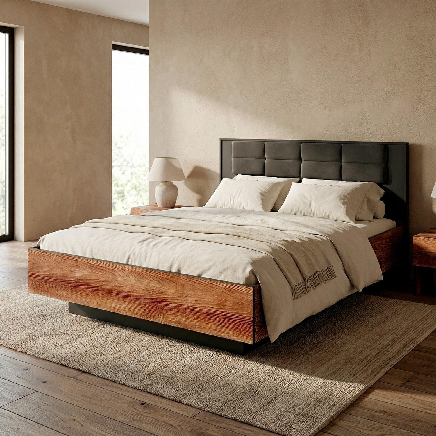 Testiera Imbottita E Struttura Letto Matrimoniale Con Contenitore Design Moderno Camera Da Letto 166.6 x 210 x 102 Cm Castagno E Antracite