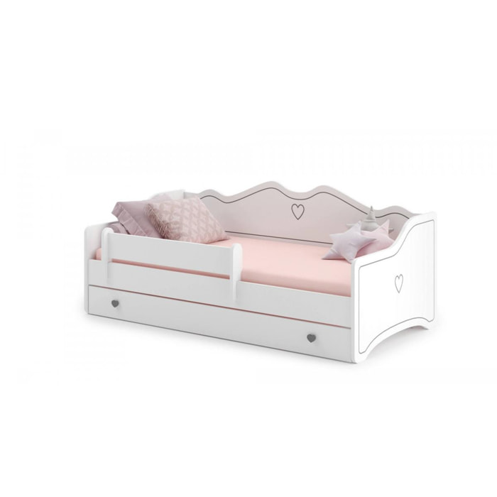 Letto singolo per bambini decorato, Lettino decorato con cassettone e protezione anticaduta per cameretta, cm 164x85h70, colore Bianco e Grigio