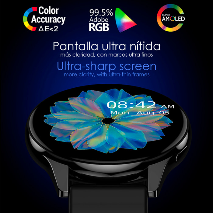 Smartwatch T2 Pro con display AMOLED da 1,52", chiamate Bluetooth, notifiche e modalità sportive.