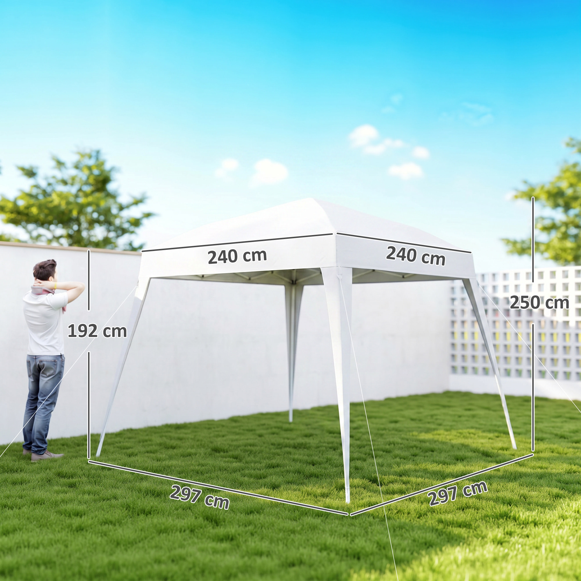 Outsunny Carpa Plegable 2,4x2,4 m, Pop-up, Cenador Pabellón de Jardín, Altura Ajustable con Bolsa de Transporte, Anti-UV, Impermeable, Gazebo para Camping, Fiestas, Exterior, Blanco